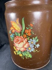 VTG Hand Painted CANCO Toleware Metal Trashcan / Can Floral Roses Brown 13”