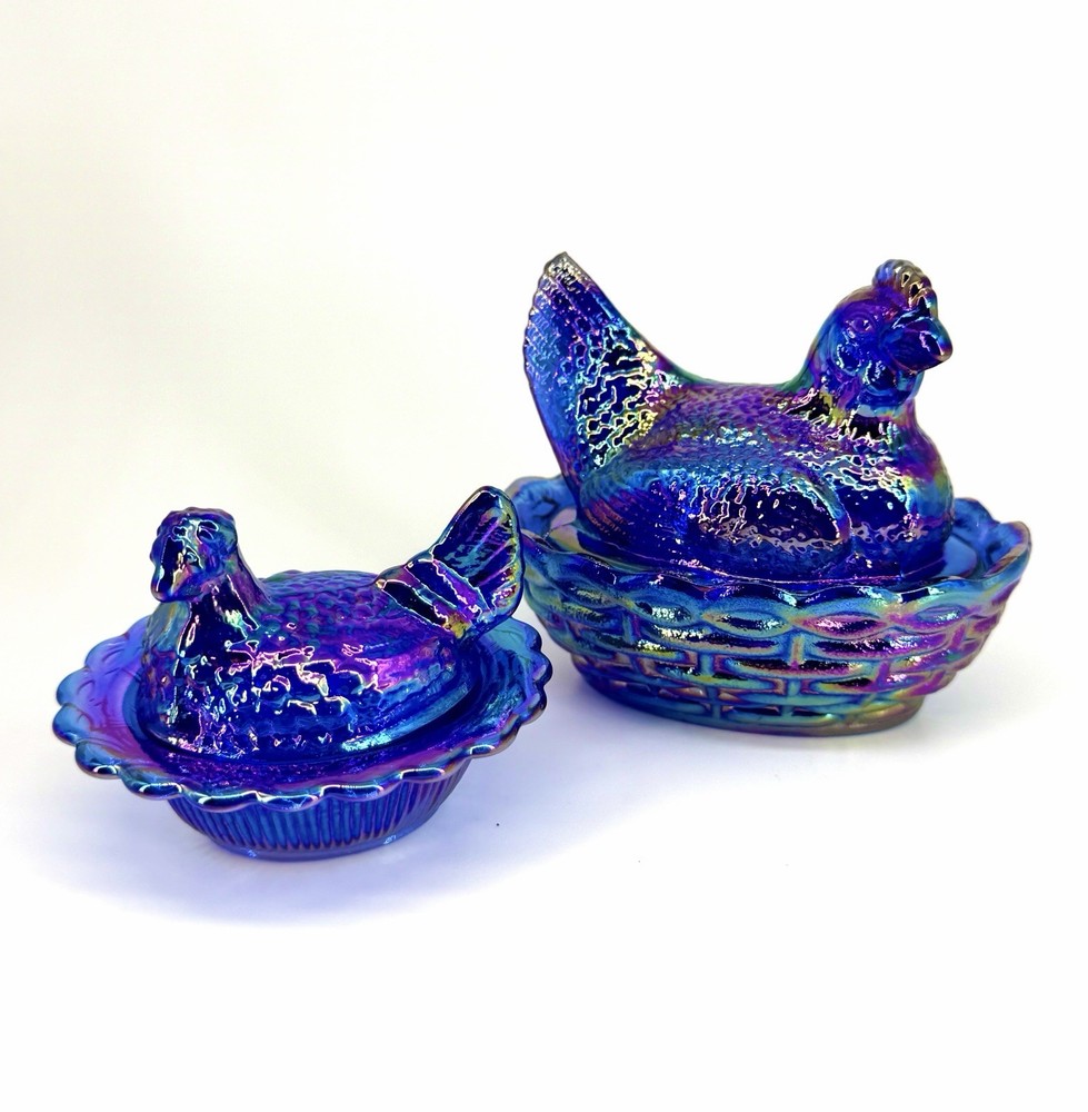 Mini AND Medium Carnival Cobalt Blue Mosser Hen on Nest Salt Cellar / Trinket