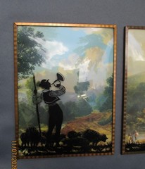 Antique silhouette Reverse Painted convex glass 6”x8” Shepherd Boy Trumpet Sheep
