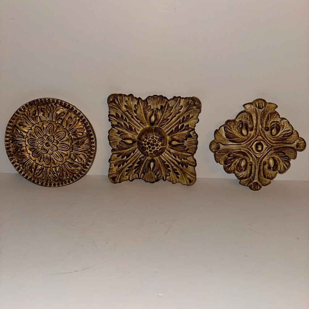 set of 3 Ornate Square Relief Medallion Wall Plaques Mold Brown Finish Heavy 6″
