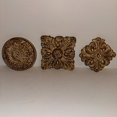 set of 3 Ornate Square Relief Medallion Wall Plaques Mold Brown Finish Heavy 6″