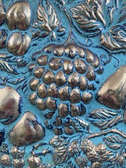 Vintage England Elpec Brass Fruit Wall Plaque Turquoise Blue Gold Embossed Decor