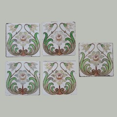 Set of 5 Antique Art Nouveau Floral Tiles Henry Richards Tile Co. (HRT & Co)