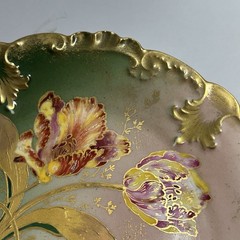 GDA Antique France Porcelain Limoges Hand Painted Tulips Green Gold Art Nouveau