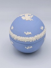 Wedgewood Blue Jasperware Egg Trinket Box Cherub With Floral Garland