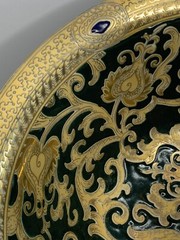 Stunning Gold& Dark Green Tapestry Porcelain Contour Bowl 10”d Asian Traditional