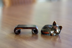 Sleeping FOX -Vintage Cloisonne Figurine w/ Beautiful Scroll Wood Display Stand