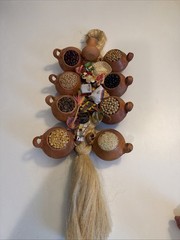 Beautiful Jute Hanger Made In Colombia W/ Miniature Pots pitchers &beans