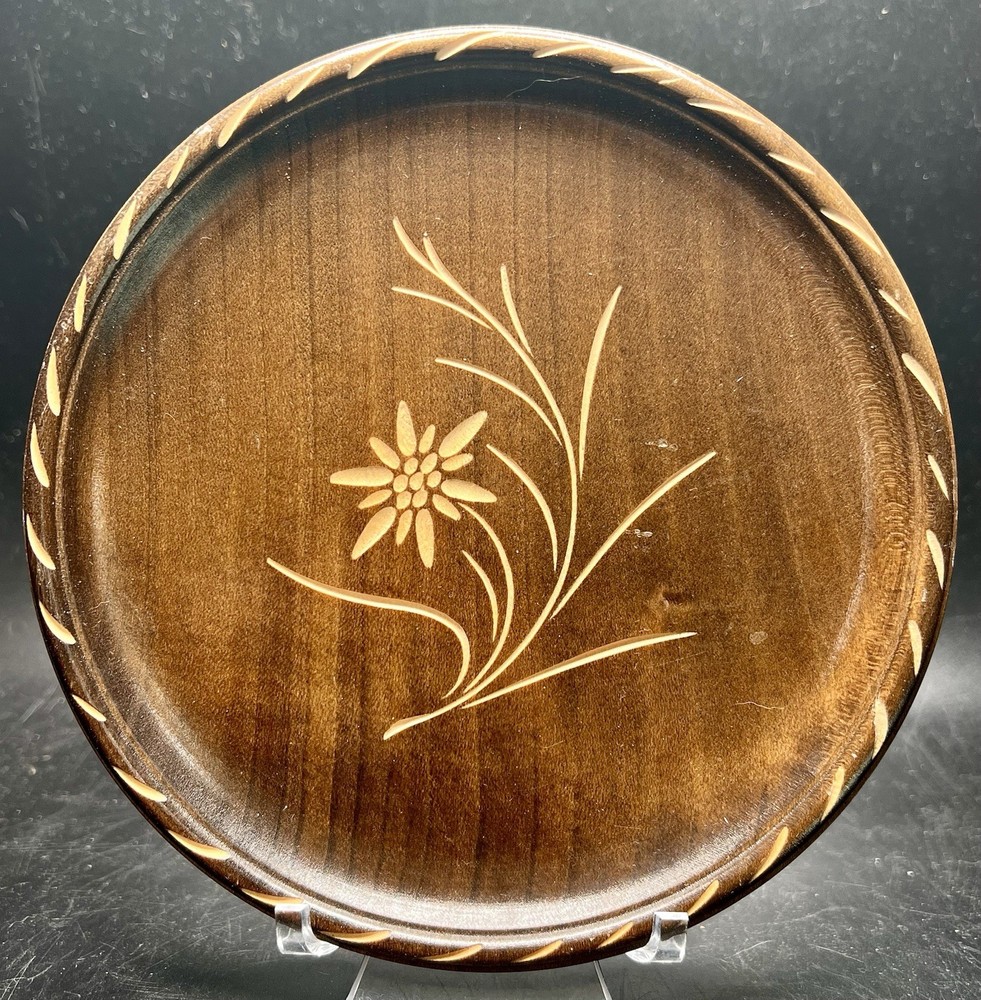VTG L.Luyten Interlaken Switzerland Carved Etched Flower Wood Plate Dish 6.5”