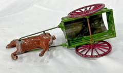Pair Hand Painted Heavy Cast Metal Miniature Horse & Wagon Figurines from France