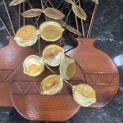 Vintage HOMCO Brass Eucalyptus Leaves Sculpture Wood Planter Plant Decor MCM