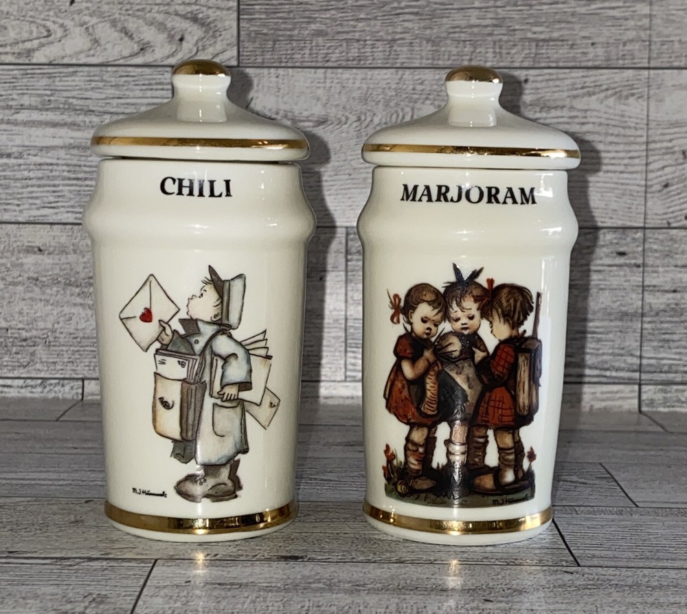 2 M.J. Hummel Cham,Switzerland Spice Jars w/ Lids 1987/1993 ARS AG MADE IN JAPAN