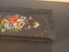 Vintage Hand Painted Floral Toleware Rectangular Metal Serving Tray