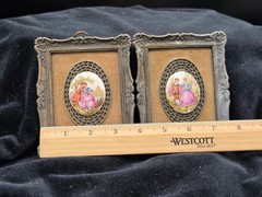 Vintage Pair Ornate Cast Metal Frames Limoges Style Porcelain Romantic Plaques