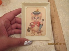 VTG Miniature Plastic Framed Print Cat wearing Hat