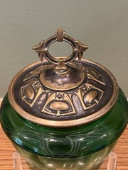 Antique Art Nouveau Austrian Jugendstil Green Glass Vessel w/ Metal Lid