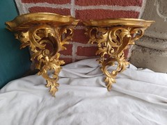 ANTIQUE VINTAGE ITALY FLORENTINE ROCOCO CARVED WOOD GOLD GILT WALL SHELF SET