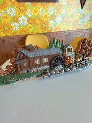 Vintage Burwood 2426 Wall 1980 Old Grist Mill Water Wheel Fall Cottage Decor