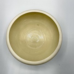 Signed Pottery Bowl Cream Stoneware w/ Blue Slip Woven Band In Coastal Style