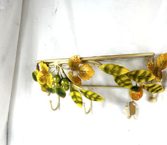 Vtg Decoline Tole Metal Fruit Leaves Shelf Hooks Rack Wall Shabby Cottage Tag FS