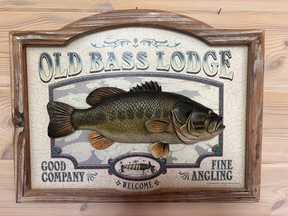 Large Old Bass Lodge 3D Wooden Fish Framed Sign Vintage. 22×17 By John Q Wright.