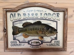 Large Old Bass Lodge 3D Wooden Fish Framed Sign Vintage. 22×17 By John Q Wright.