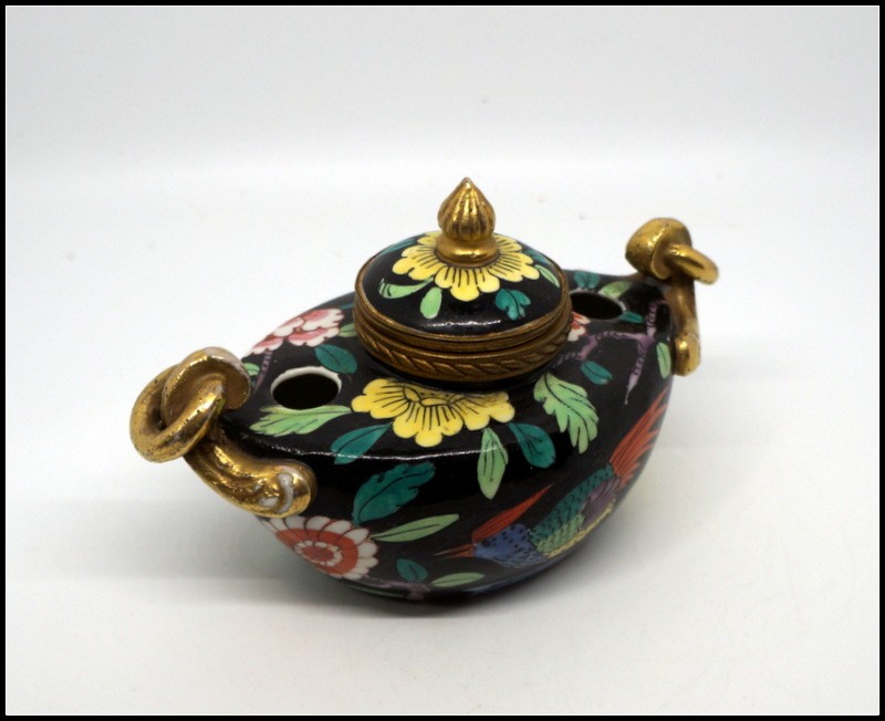 Aladin France Porcelain Art Deco Inkwell Chinoiserie Bird Floral Gilt Hinged Lid