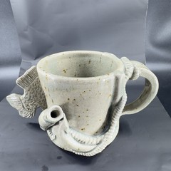 Hand Made Stoneware Pottery Large Heavy Mug Cup 3D Sea Creatures Marked Handle