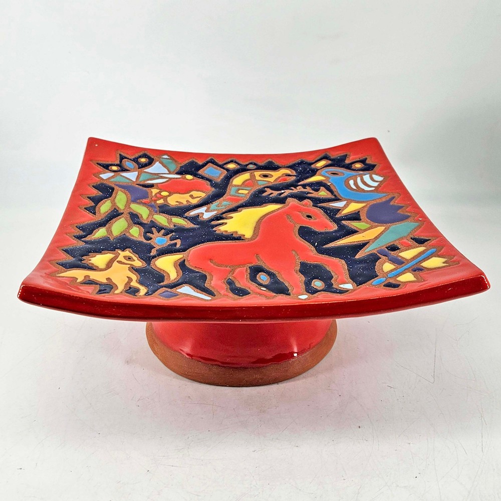 Folk art pottery hand painted platter centerpiece decor bird horses