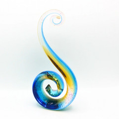 Vintage Murano Style Art Glass Sculpture Blue Amber Abstract Swirl Wave Design