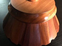 Multi-Colored Segmented Turned Wood Pedestal Bowl with Cut Out Rim Design