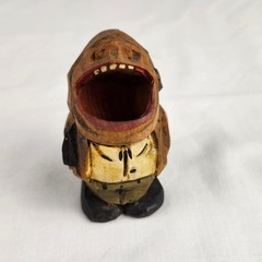 VTG ANRI Hand Carved Wooden Big Mouth Toothpick Match Holder Man Figure Folk Art