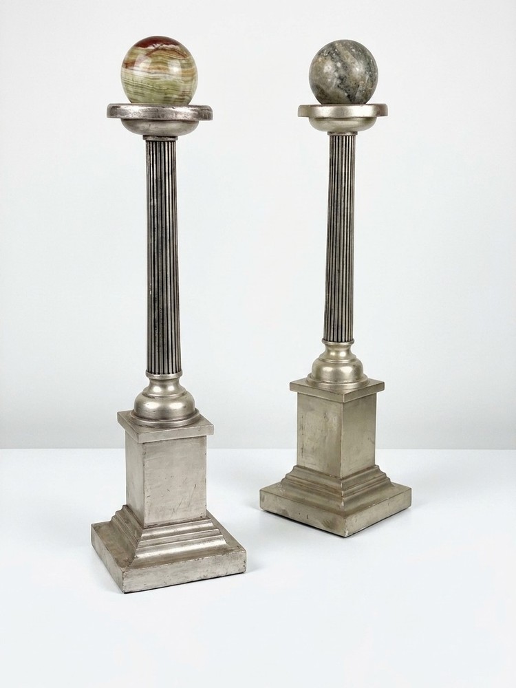Grand Tour Neoclassical Carved Water Giltwood Columns With Marble Spheres – A Pa