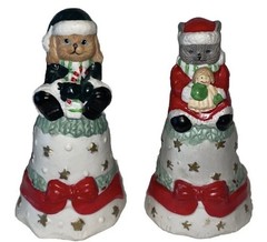 2 Vintage Ceramic Cat Dog Christmas Bells Figurines ￼
