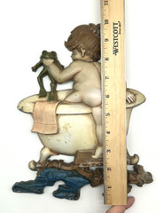 RARE Sexton 1970 Cast Metal Wall Hanging Art Little Boy Frog Taking A Bath Tub