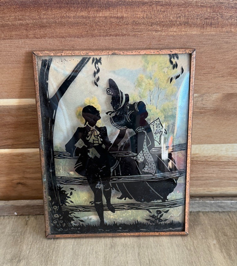 Vintage Reverse Painted Glass Silhouette Art 5.75” Copper Frame Colonial Scene
