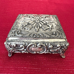 VTG Ornate Silver Plated Jewelry Box Red Velvet Lined Trinket Box Art Nouveau