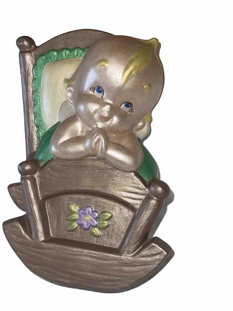 Vintage Ceramic 3D Kewpie Baby Cradle Wall Hanging Figurine Fun