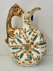 Vtg Ceramic Hand Painted Pitcher Gilded Gold Aqua White Molded 3D Design 8.75″