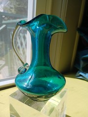 Antique ART GLASS HAND BLOWN PITCHER Pilgram Glass 5″ Blue Bud Vase Creamer