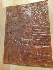 Hunting Dogs Pheasants Wood Scene Hand Unframed 8.5×11.5 Leather Tooled Art