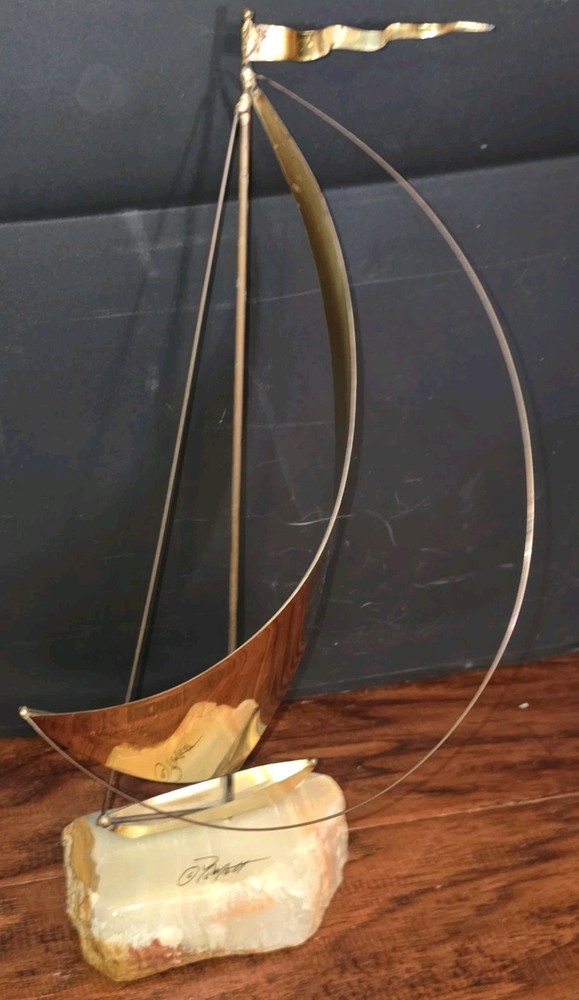 De Mott Brass Sailboat 1970s Quartz Base Signed Mid-Century Modern Decor DeMott