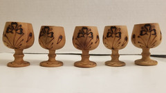 Vintage Wooden Pyrography Folk Art Decanter with 5 Stem Cups and Serving Tray
