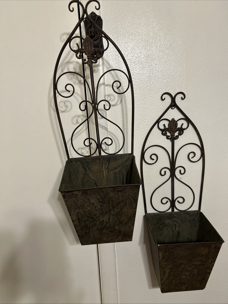 Deco 79 Metal Scroll Wall Planters 27”H X 8.5”H Fleur De Lis Accents Set of 2