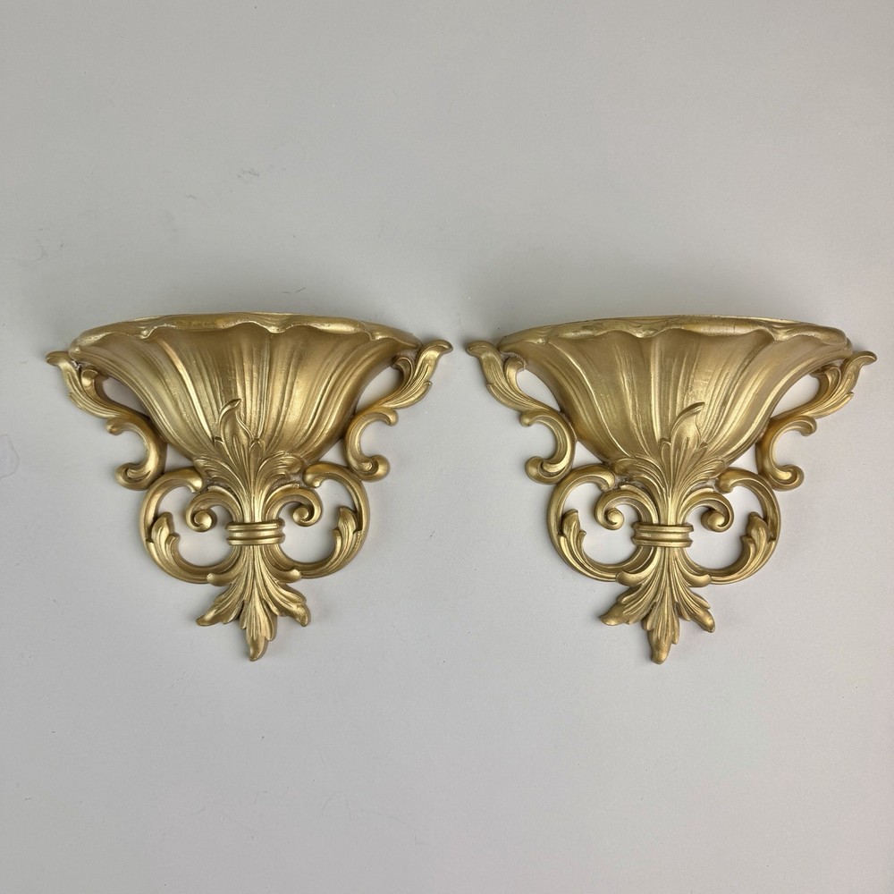 Vintage 1962 Set of 2 Homco Gold Plastic Fleur de Lis Wall Pockets Planters 4446