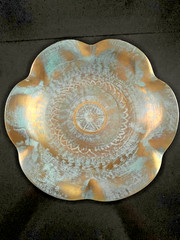 VTG STANGL POTTERY 10″ RUFFLED DISH ANTIQUE GOLD OVER TURQUOISE BLUE BASE #4062