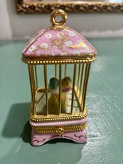 Limoges France Birdcage w Budgerigar Love Bird Parakeet Pair & Gold Trinket Box