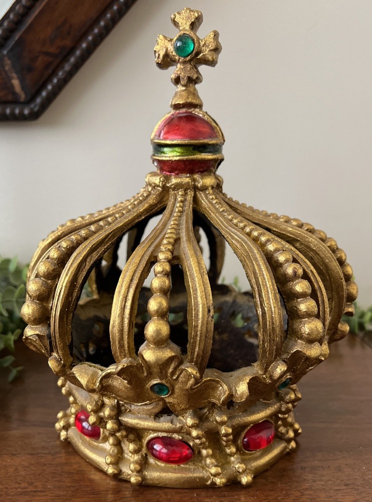 Heavy Ornate Gold Resin Crown 10” Table Top Decor Jewel Tuscan Old World