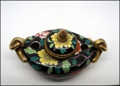 Aladin France Porcelain Art Deco Inkwell Chinoiserie Bird Floral Gilt Hinged Lid