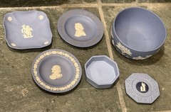 Wedgwood Blue Jasperware Lot 5pc Bowl Trinket Box Tray Plate Set Vintage Relief